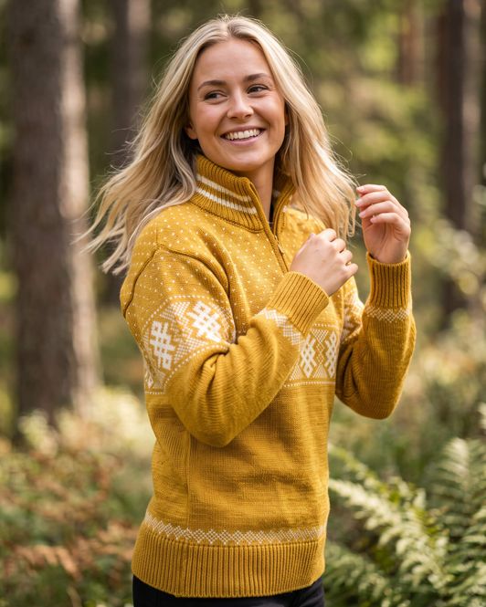 Hovedbilde Bretind Viking ullgenser med zip til dame og herre – okergul/natur